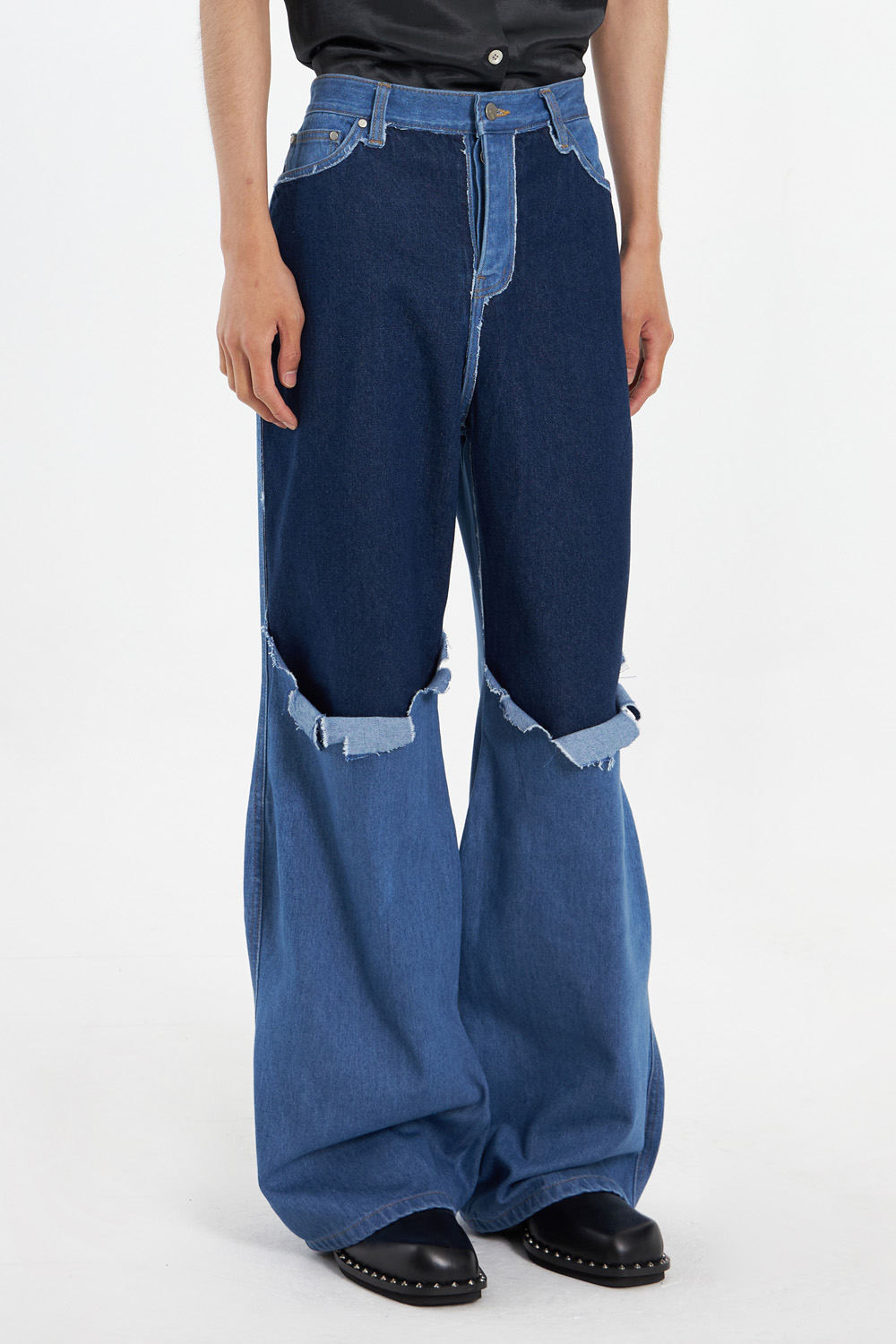 Destroyed Color Block Curly Jeans_Blue